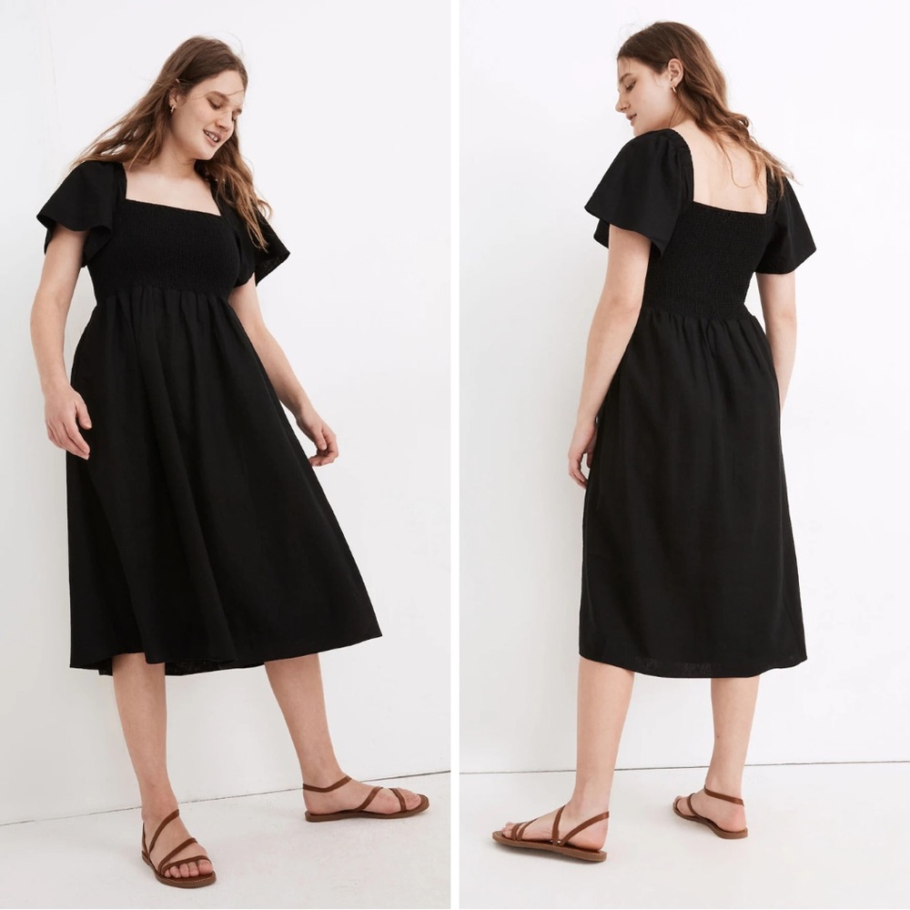 Madewell Black Midi Smocked Square-Neck Dress